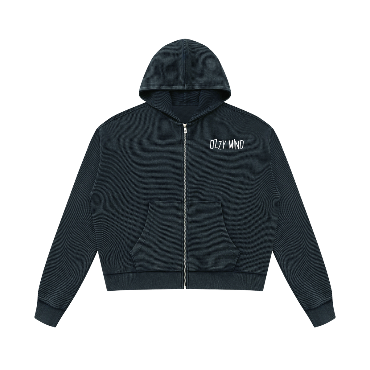 OZZY MIND: Unisex Mineral Wash Boxy Waffle Hoodie (Money is the motive *Design*)