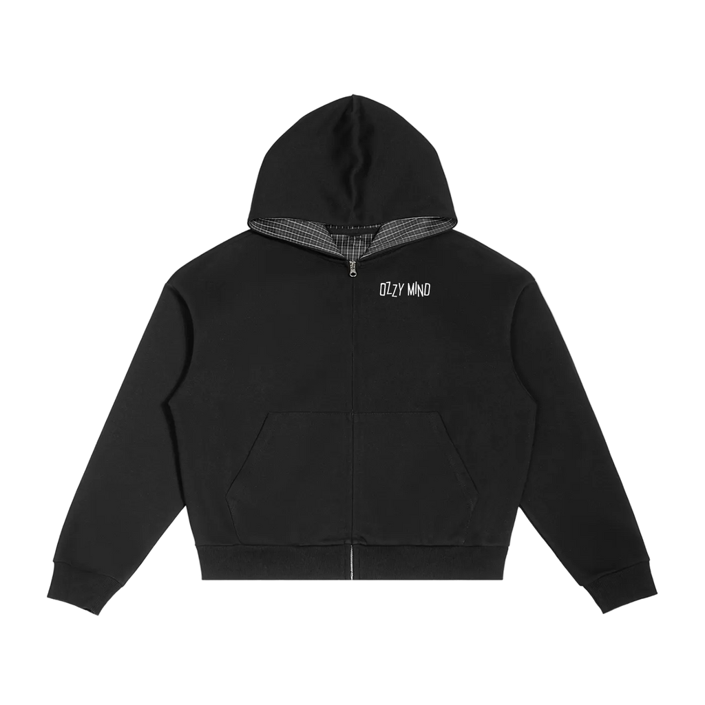 OZZY MIND: Contrast Plaid Boxy Zip Hoodie