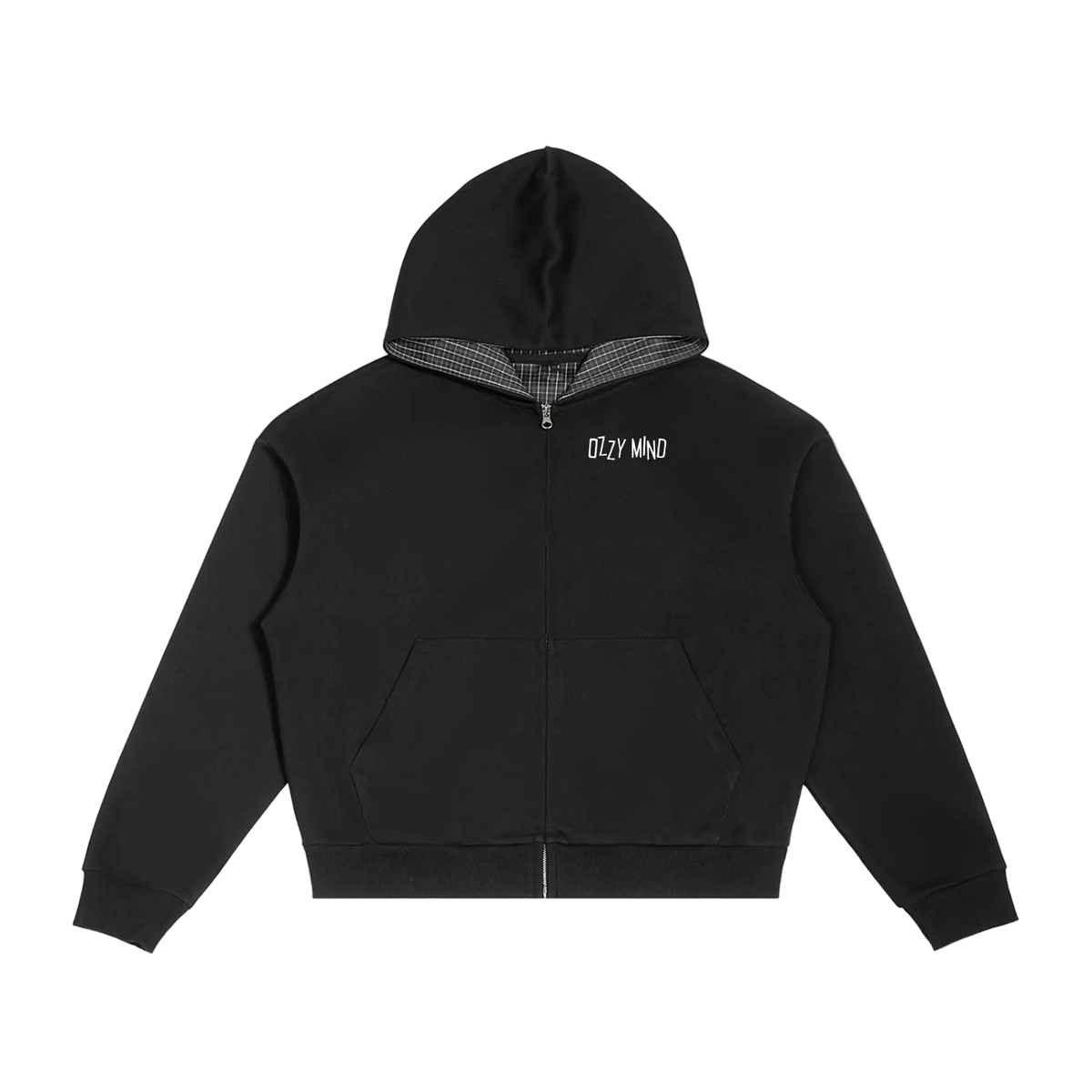 OZZY MIND: Contrast Plaid Boxy Zip Hoodie