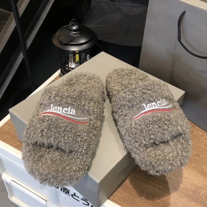 *alenciaga - Furry Faux Fur Slide Sandals