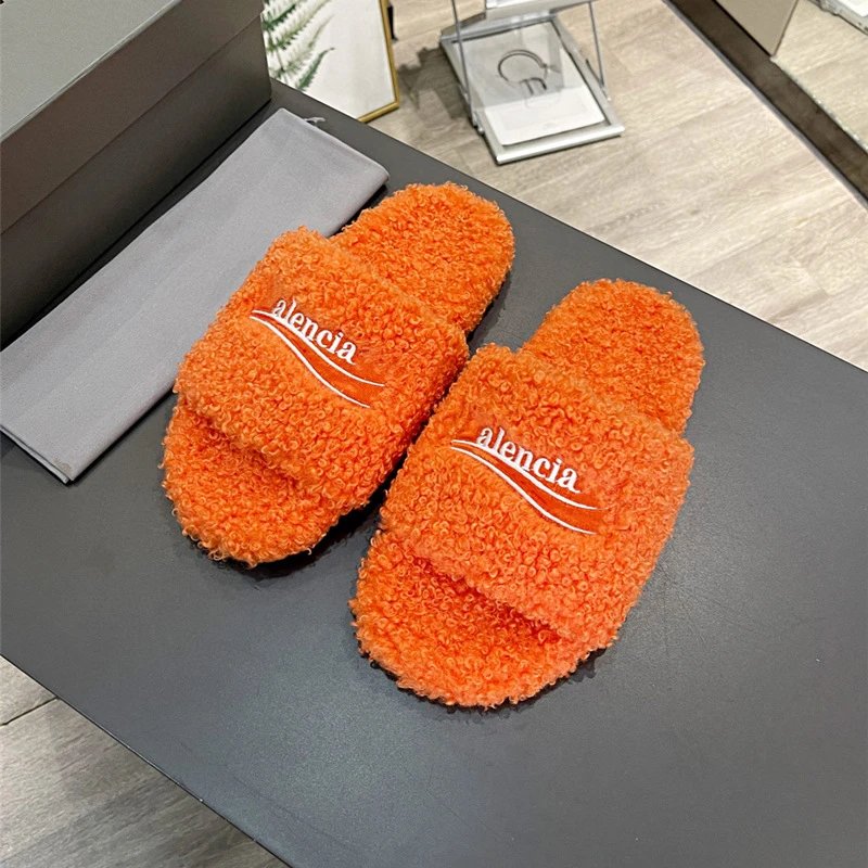 *alenciaga - Furry Faux Fur Slide Sandals